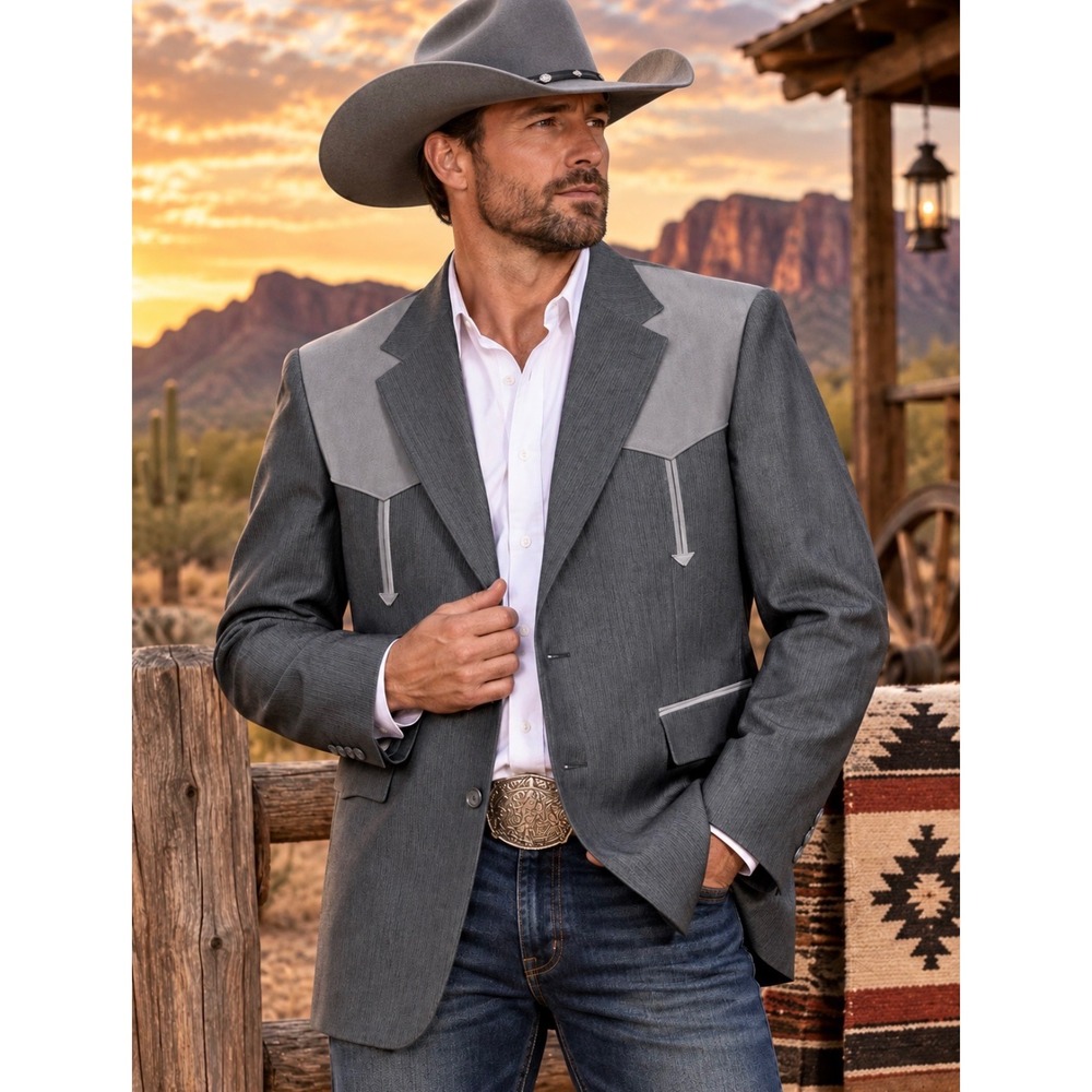 Pagano West Mens Western Blazer Gray Faux Suede Yoke Sport Coat 46 Made in USA